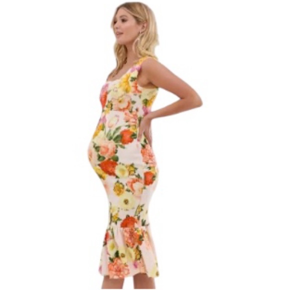 ASOS Orange Yellow Bodycon Midi Dress Scoop Neck Slit